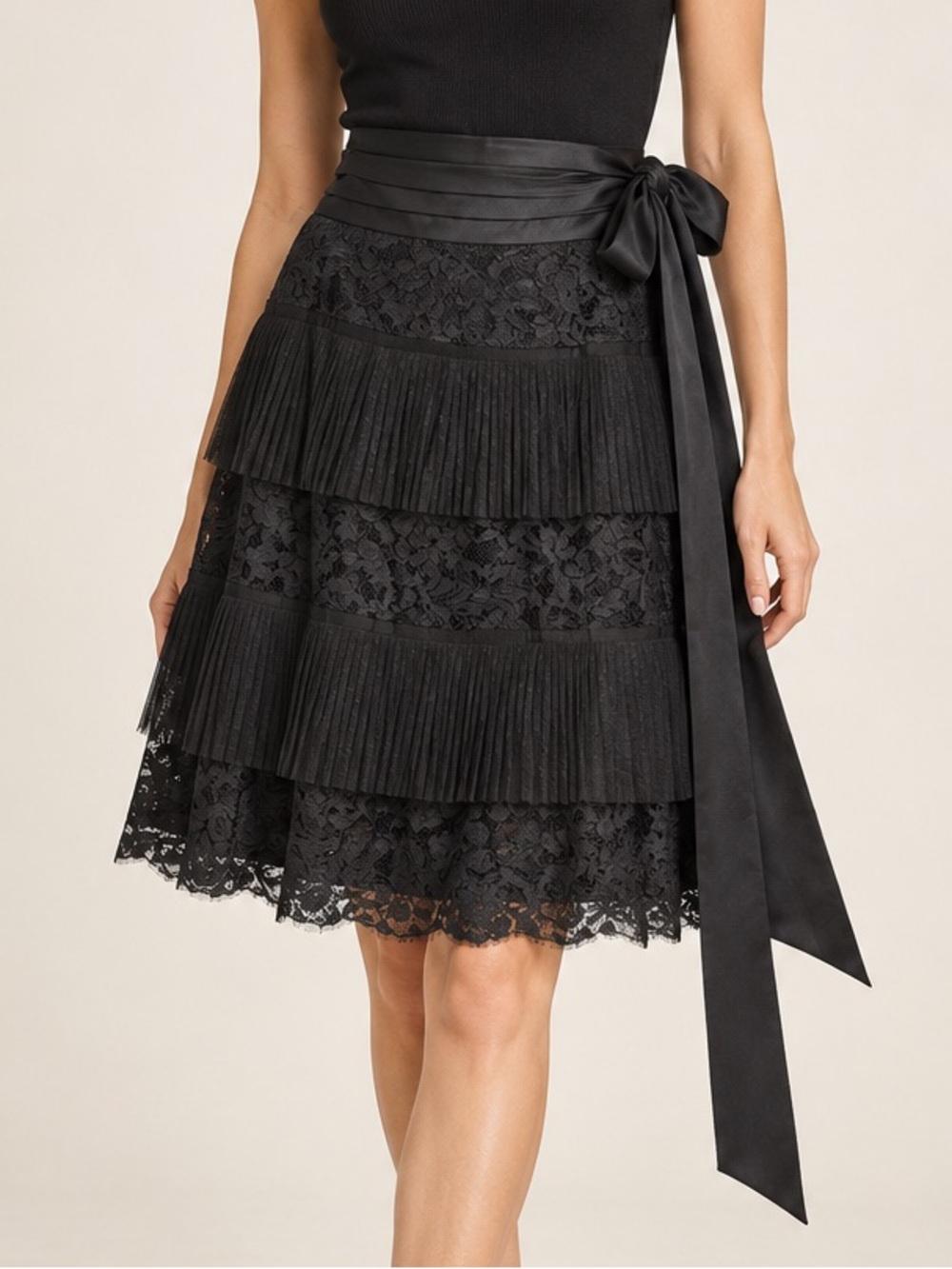 WEILL Paris Black Accordion Pleated Tiered Lace A-Line Skirt with Satin Sash